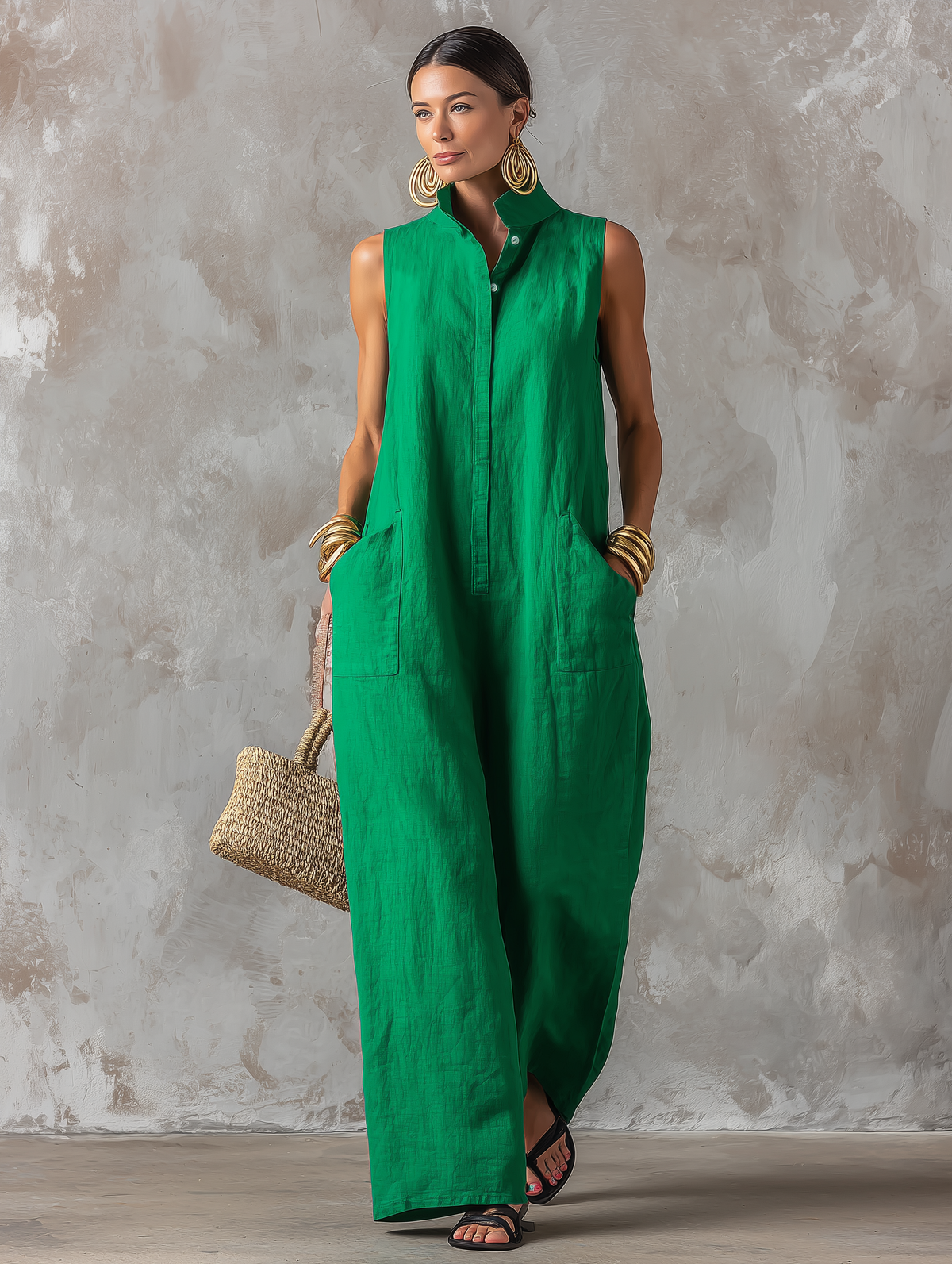 Women's Minimalist Linen Jumpsuit — High Neck, Sleeveless, Single Buttons