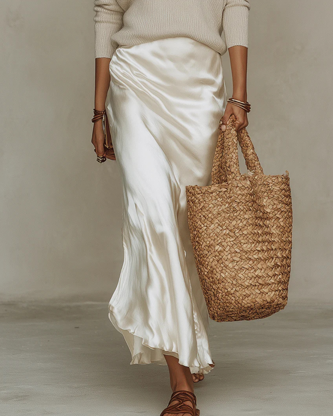 Champagne Midi Two-Piece Satin Dress & Knit Sweater Set
