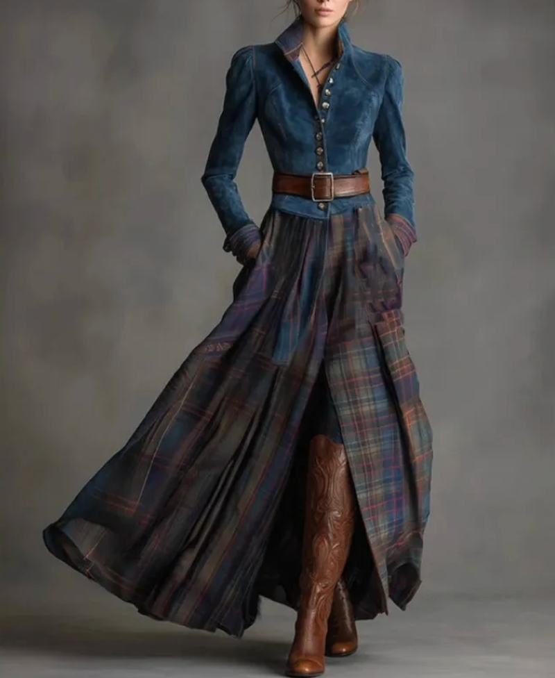 Elena | Knit Top and Plaid Maxi Skirt Set