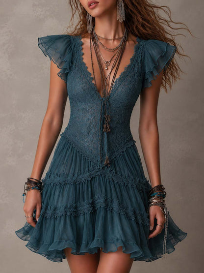 Delphine | Retro Blue Lace & Chiffon Mini Dress with Ruffle Details