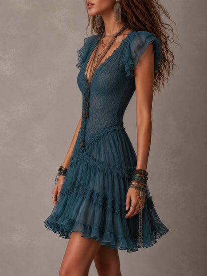 Delphine | Retro Blue Lace & Chiffon Mini Dress with Ruffle Details