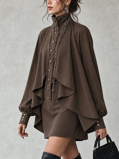 Chocolate high-neck mini dress with cape-style paneling