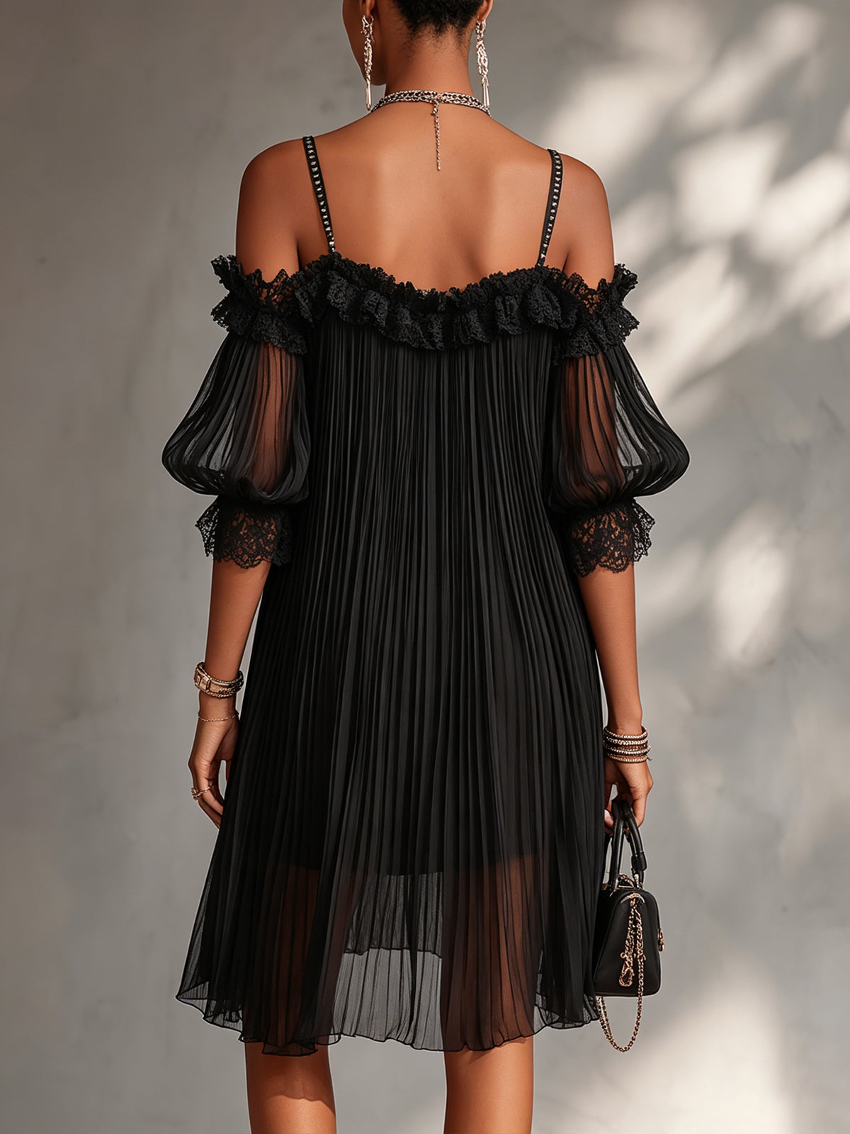 Camille | Off-Shoulder Black Chiffon Mini Dress with Lace Trim