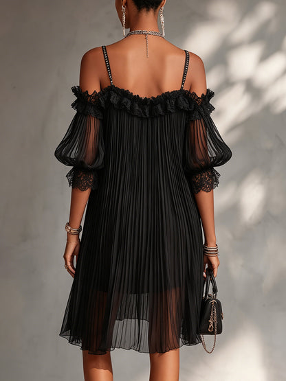 Camille | Off-Shoulder Black Chiffon Mini Dress with Lace Trim