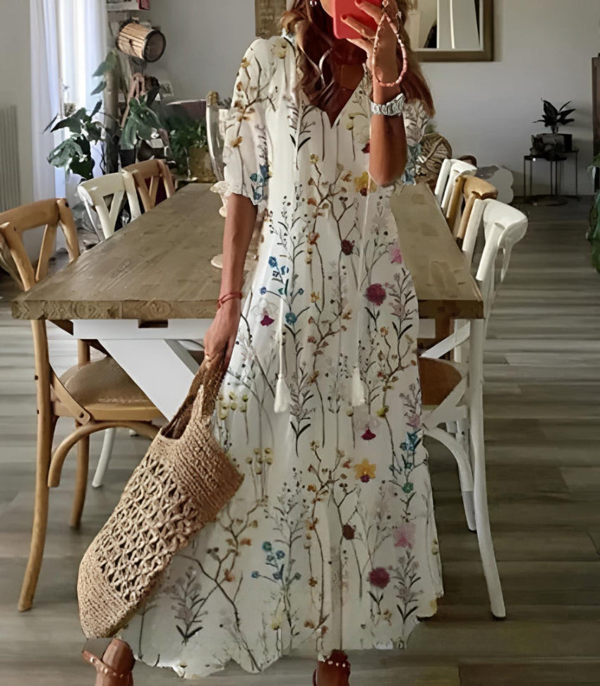 Andrea - Boho Vintage V-Neck Printed Dress