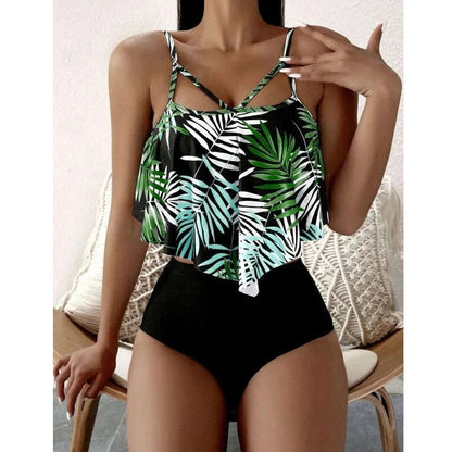 LolaBeach - Ruffled Tankini with Leaf Print