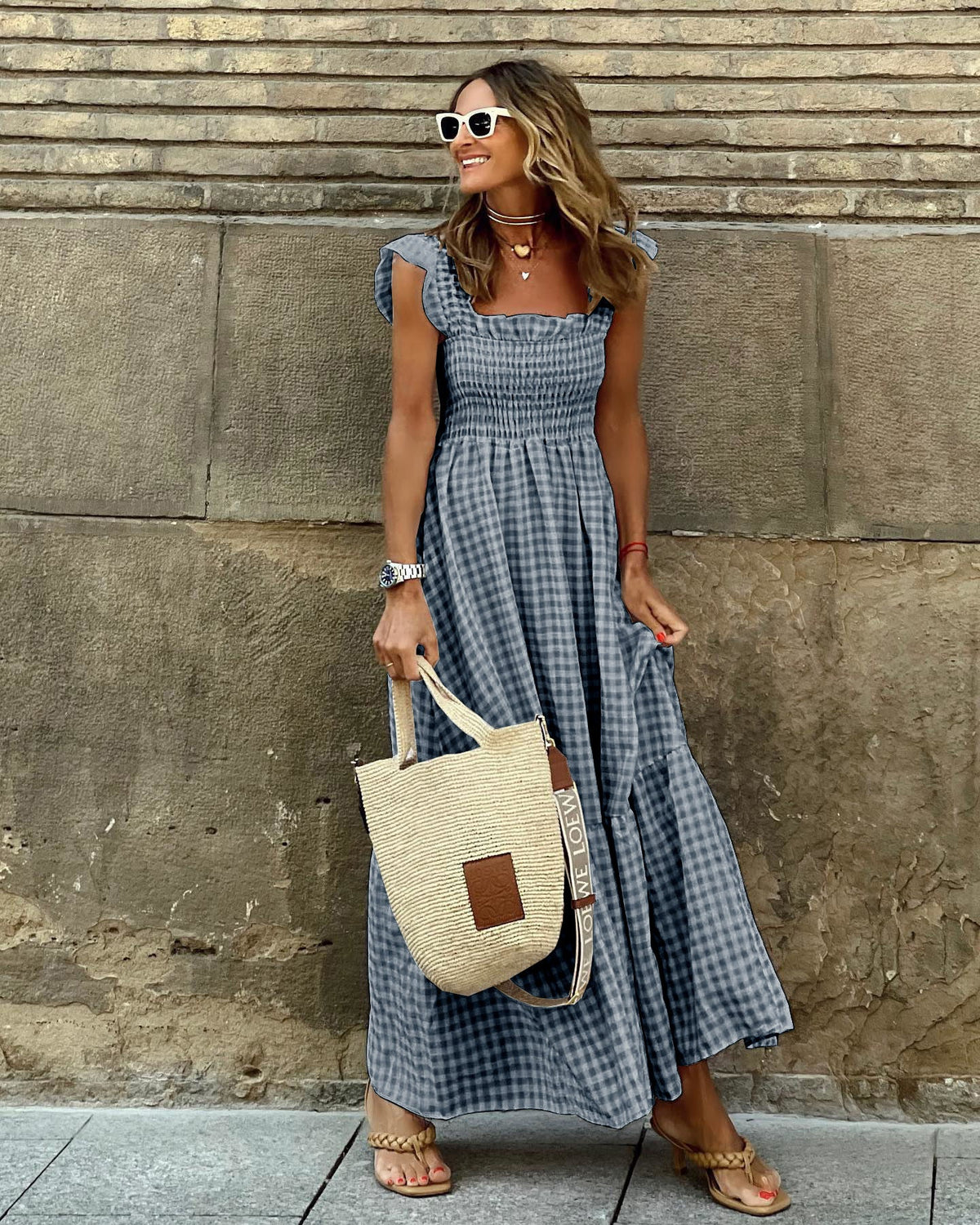 AURORA – PLAID RUFFLED-SLEEVE SMOCKED MAXI DRESS