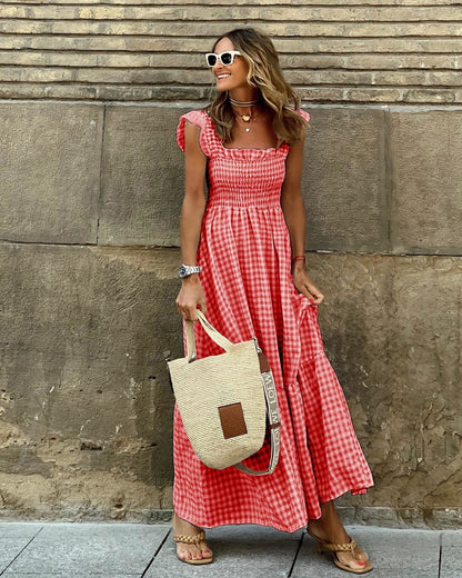 AURORA – PLAID RUFFLED-SLEEVE SMOCKED MAXI DRESS