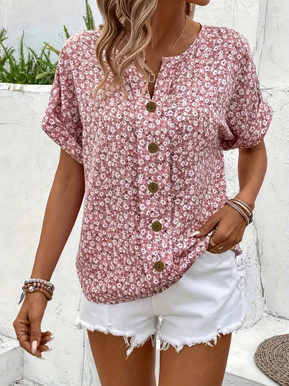 Cindy™ | Floral Print Notched Colour Blouse