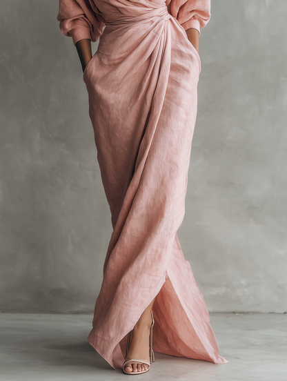 Vestido Maxi Minimalista Rosa con escote en V de lino mezclado para Mujer