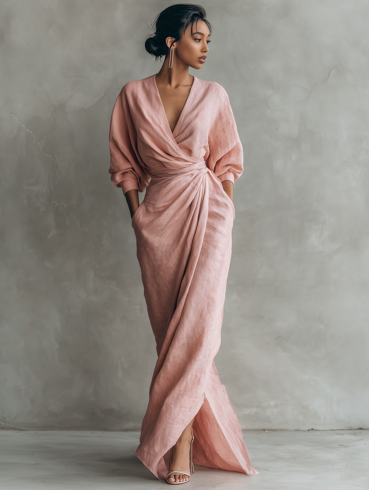 Vestido Maxi Minimalista Rosa con escote en V de lino mezclado para Mujer