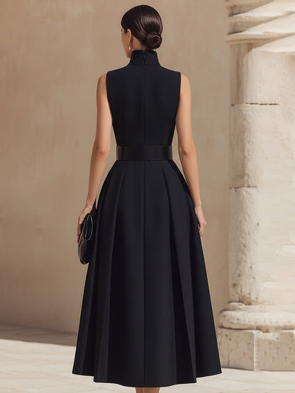 Belted High-Neck Pleated Maxi Dress
