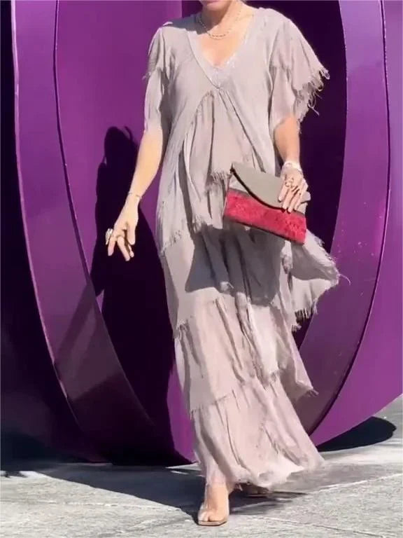 Elegant Maxi Dress with V-Neck and Ruffled Sleeves