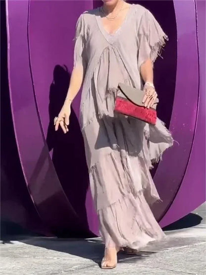 Elegant Maxi Dress with V-Neck and Ruffled Sleeves