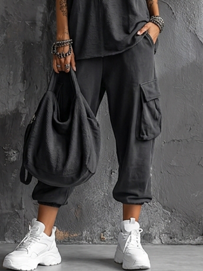 Dark Gray Cotton Sleeveless Top Set + Casual Style Women's Cargo Jogger Pants