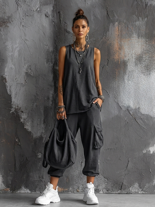Dark Gray Cotton Sleeveless Top Set + Casual Style Women's Cargo Jogger Pants