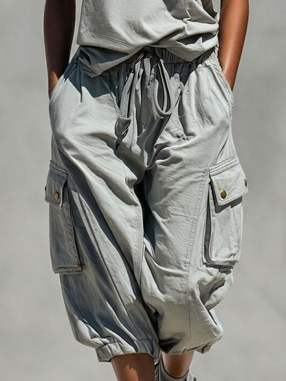 Two-Piece Women's Gray Sleeveless Tank Top and Cargo Shorts Set