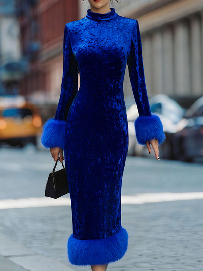 Glamorous Royal Blue Velvet Dress With Feather Trims