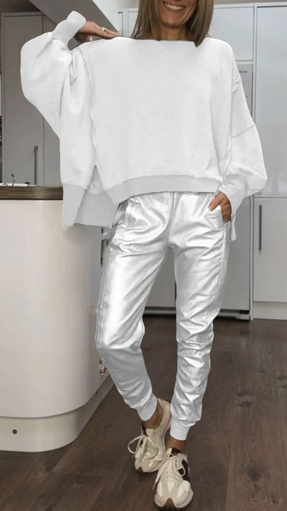 Set Top Casual with Round Neck for Women + Faux Leather Pants