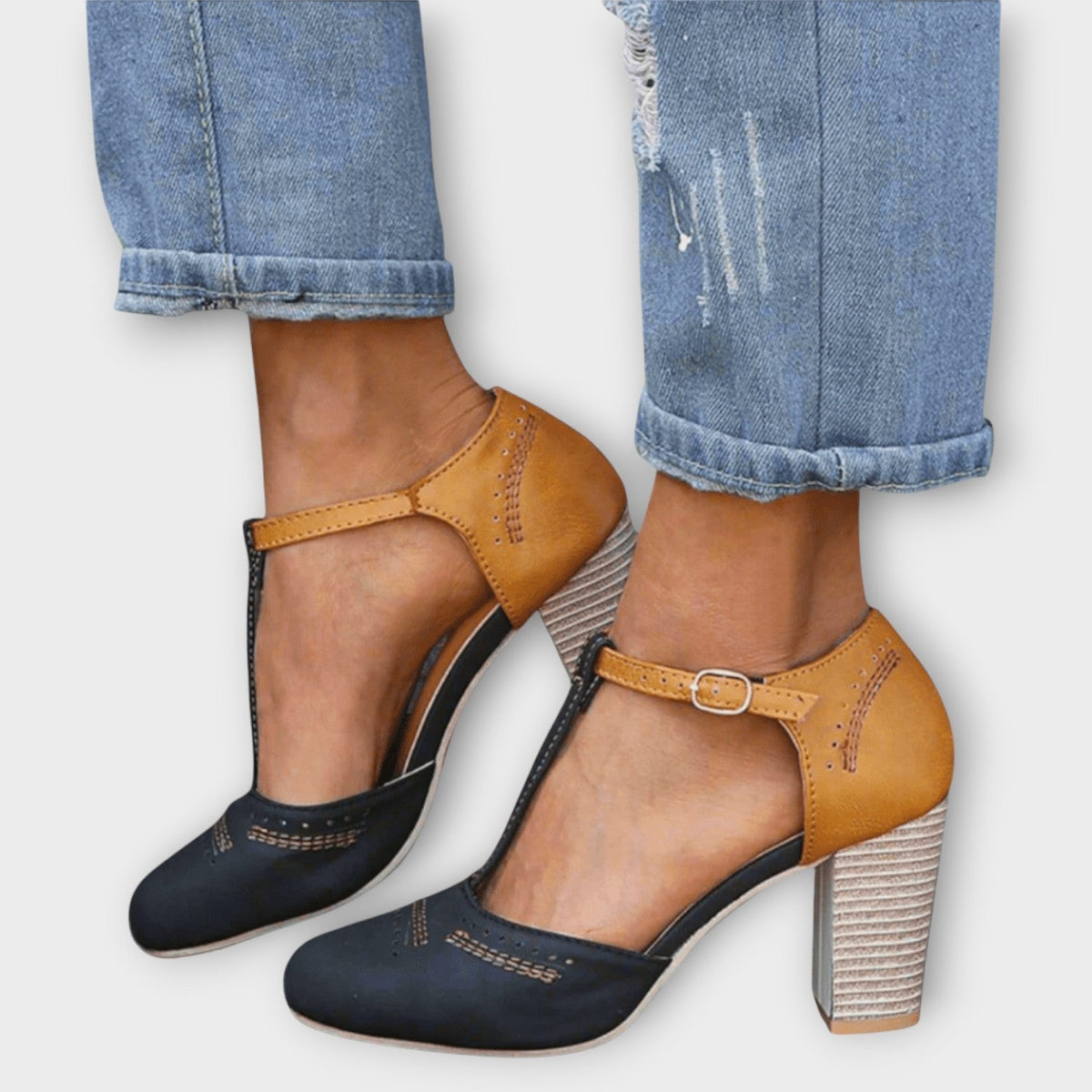 Retro Two-Tone T-Strap Block Heels