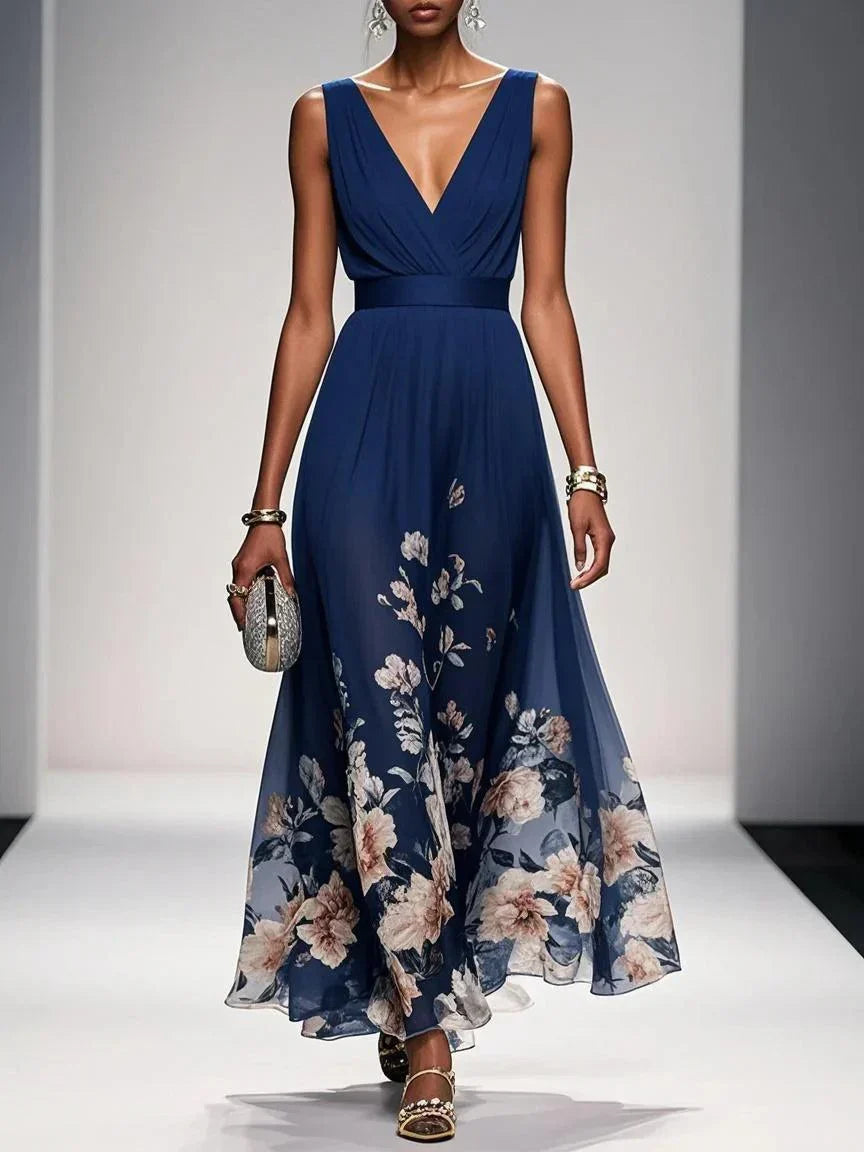 Elegant Light Blue Floral Chiffon V-Neck Sleeveless A-Line Maxi Dress