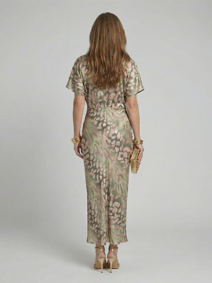 Abstract Print Midi Dress with V-Neck and Twisted Waist