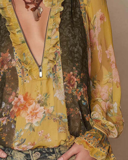 LILLIAN – ROMANTIC FLOWER BLOUSE WITH ZIPPER