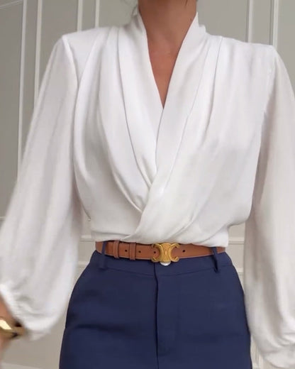 Solid Color V-Neck Lantern Sleeve Blouse