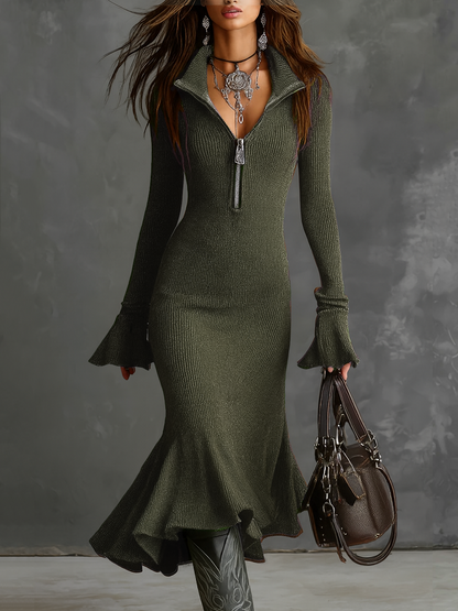 Danella™ Retro Zip Neck Knit Midi Dress