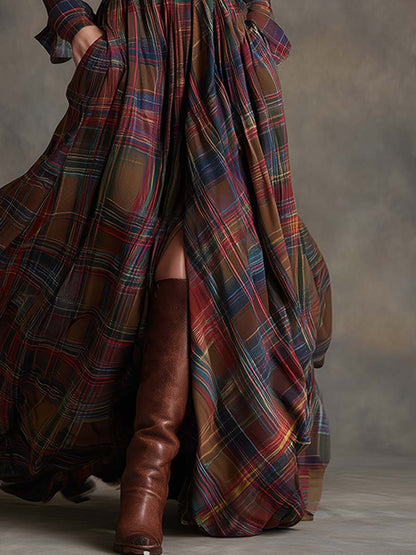 SIENNA – ELEGANT PLAID MAXI SHIRT DRESS