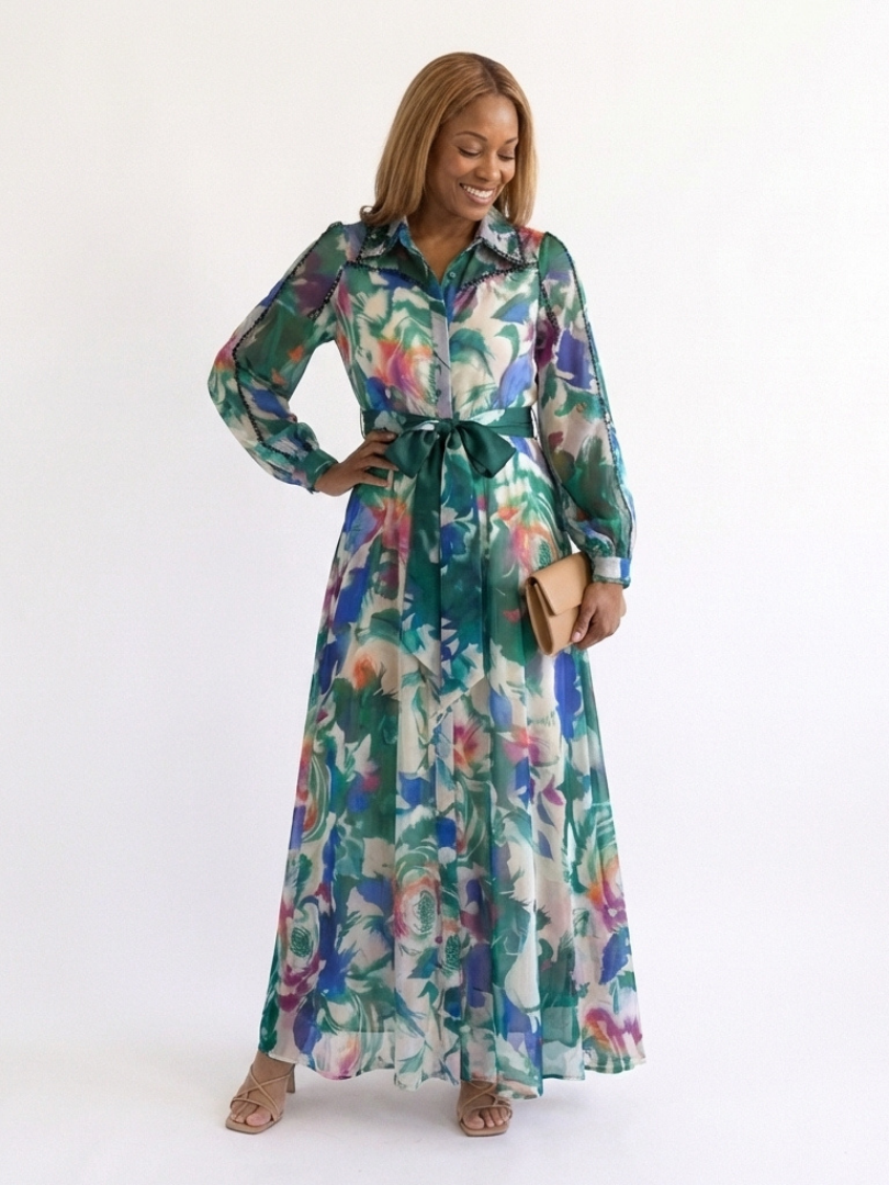 Carolina | Long Sleeve Printed Belted Maxi Dress