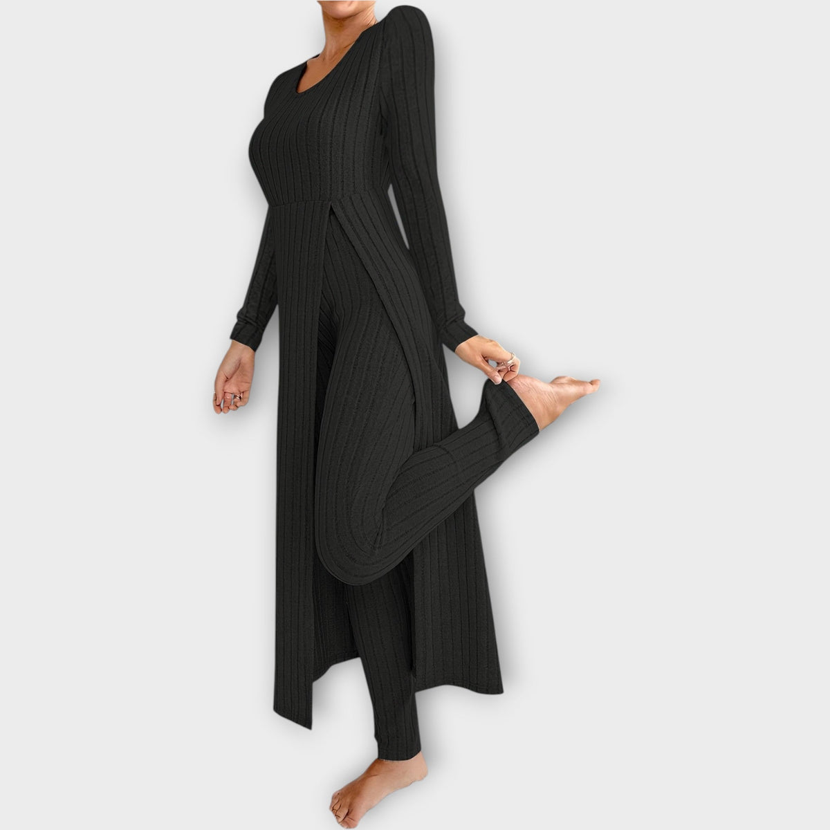 Ribbed Knit Lounge Set with Split Tunic