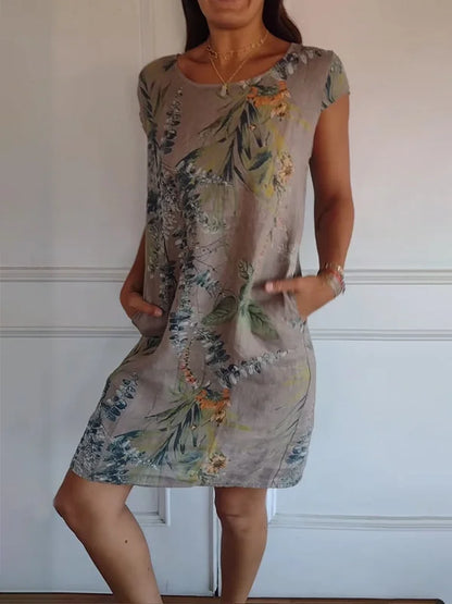 Printed summer dress in cotton and linen for women with pockets