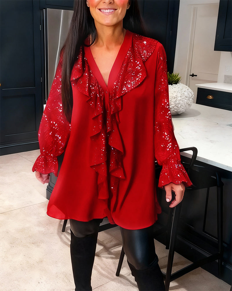 Loose Solid Color Blouses with Ruffles