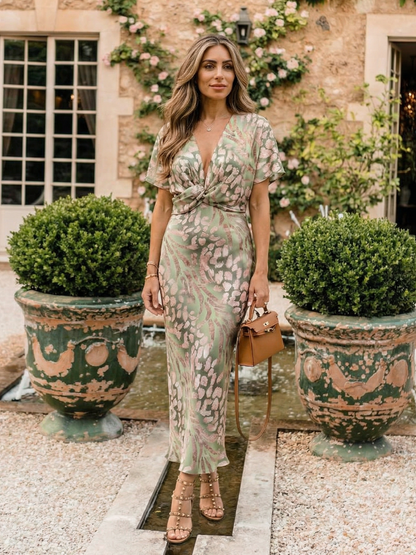 Abstract Print Midi Dress with V-Neck and Twisted Waist