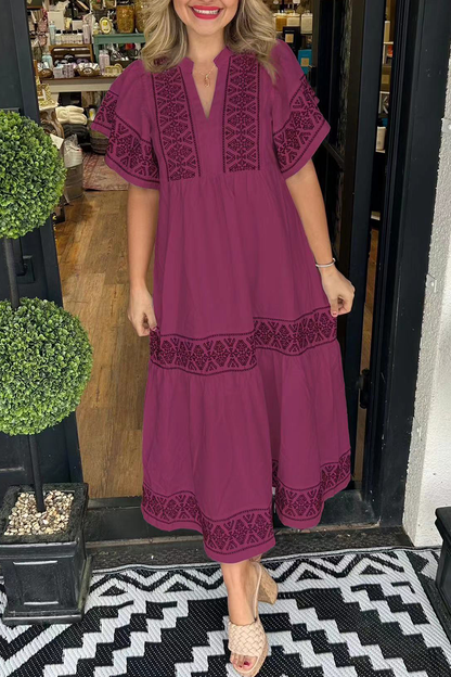 SORAYA – GEOMETRIC PRINT PATCHWORK V-NECK A-LINE DRESS