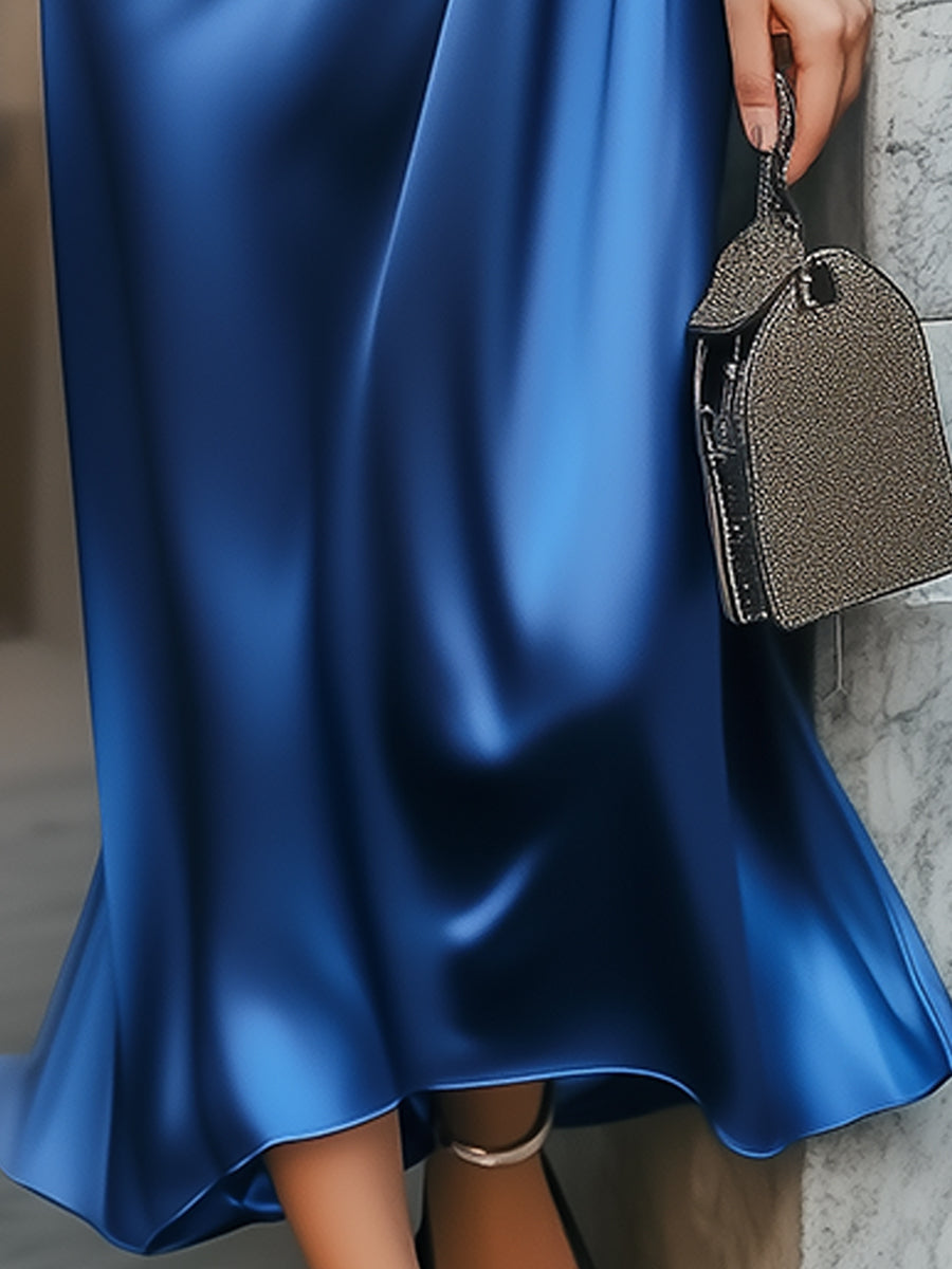 Elegant Sapphire Lace-up Satin Dress