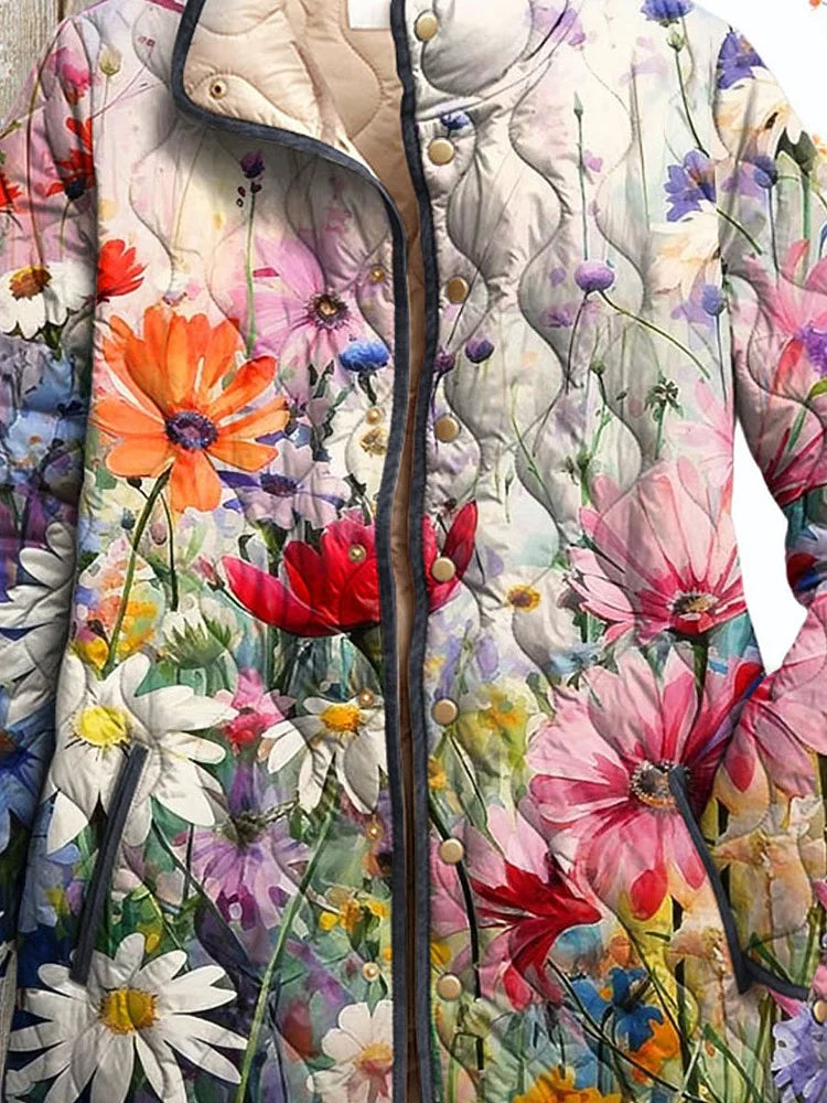 Charming Floral Print Quilted Jacket for Women - Vintage Casual Style