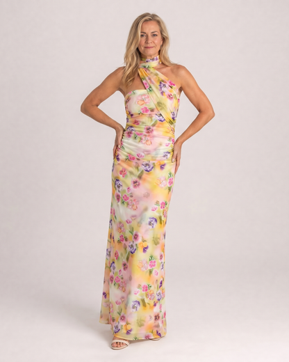 Fijem | Watercolor Floral One Shoulder Halter Maxi Dress