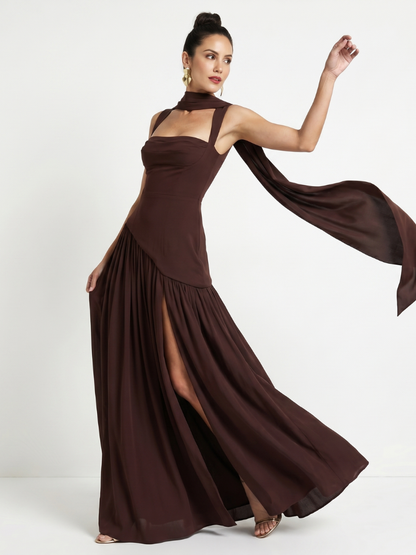 Bindi | Cutout Neck Pleated Slit Maxi Dress