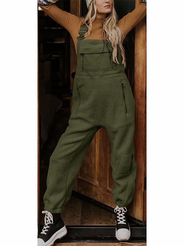 Fleece Thermal Overalls with Zipper Pockets for Women