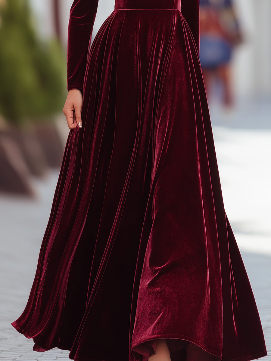 Burgundy Velvet Long-Sleeve Gown
