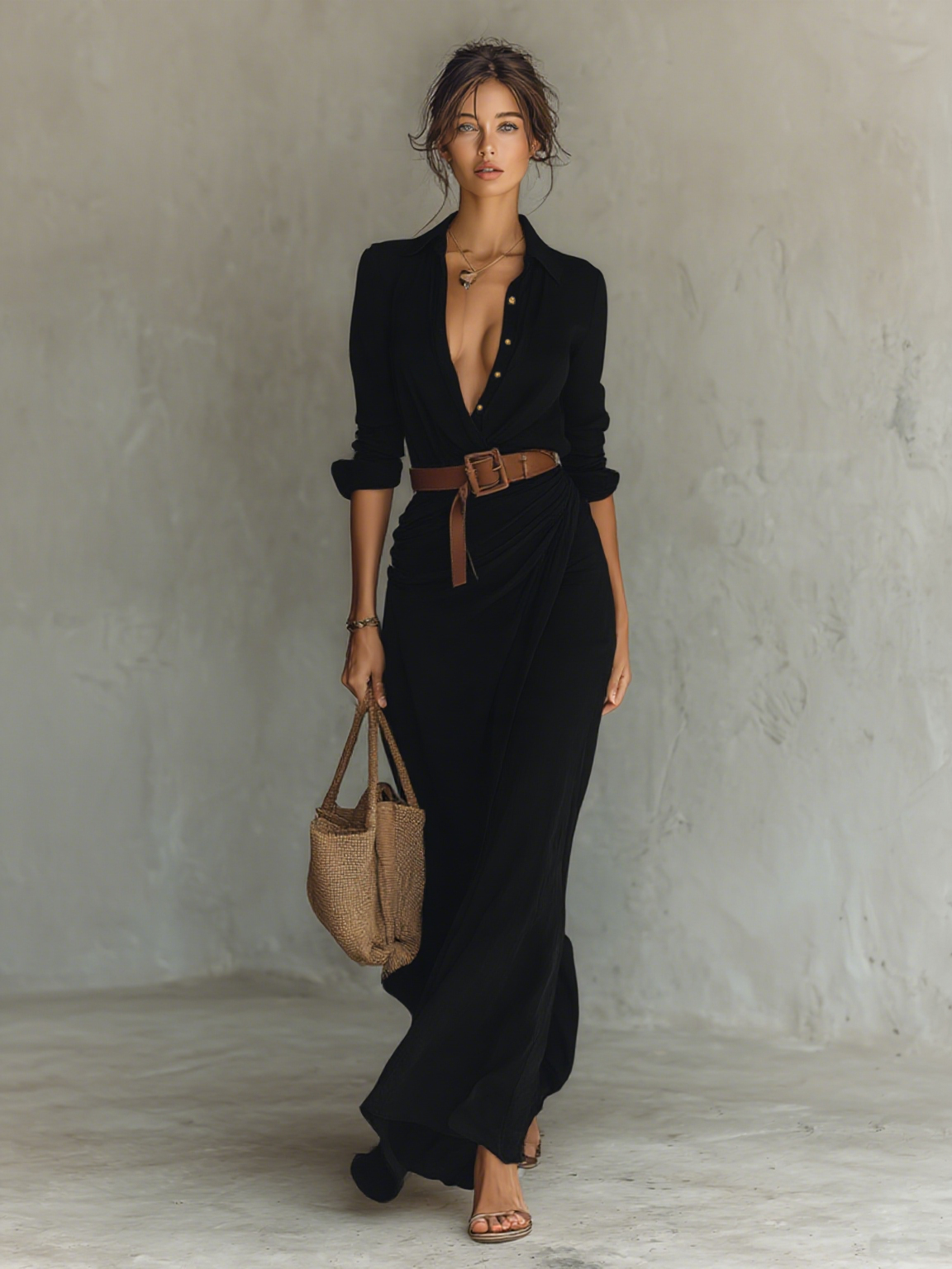Elegant Maxi Dress with Lapels and Long Sleeves for Women