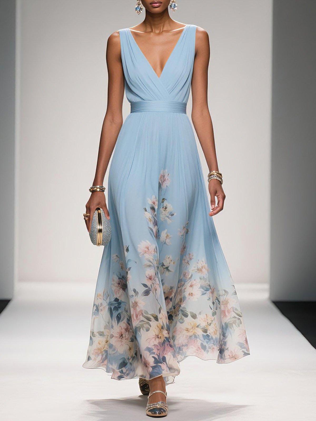 Elegant Light Blue Floral Chiffon V-Neck Sleeveless A-Line Maxi Dress