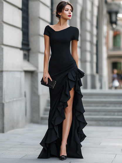 Asymmetric One-Shoulder Ruffle Slit Evening Dress