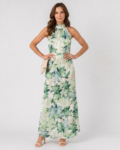 Cekel | Botanical Print Halter Neck Flowing Midi Dress