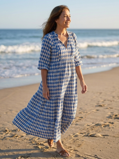 Elodie | Diamond Print Tiered Midi Dress