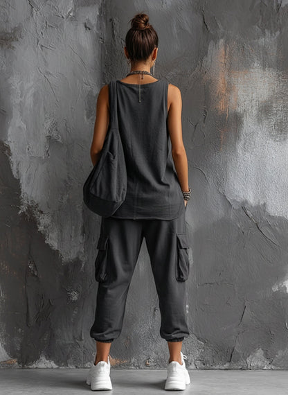 Dark Gray Cotton Sleeveless Top Set + Casual Style Women's Cargo Jogger Pants