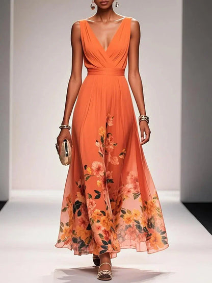 Elegant Light Blue Floral Chiffon V-Neck Sleeveless A-Line Maxi Dress