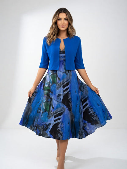 Fluid Midi Dress with Bolero - Elegant Artistic Print